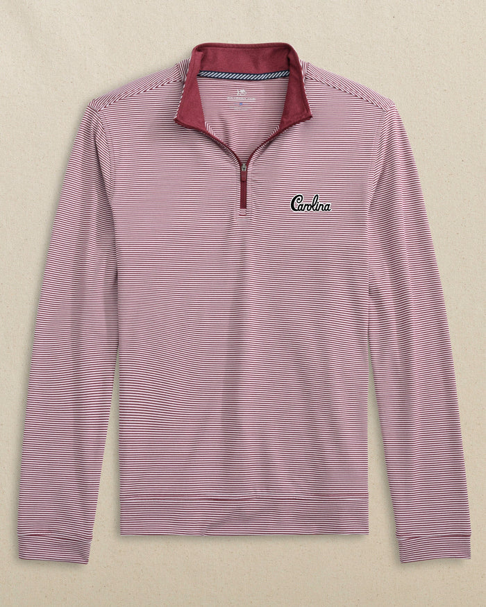 The front view of the Southern Tide USC Gamecocks Carolina Script Cruiser Micro-Stripe Heather Quarter Zip by Southern Tide - Heather Chianti
