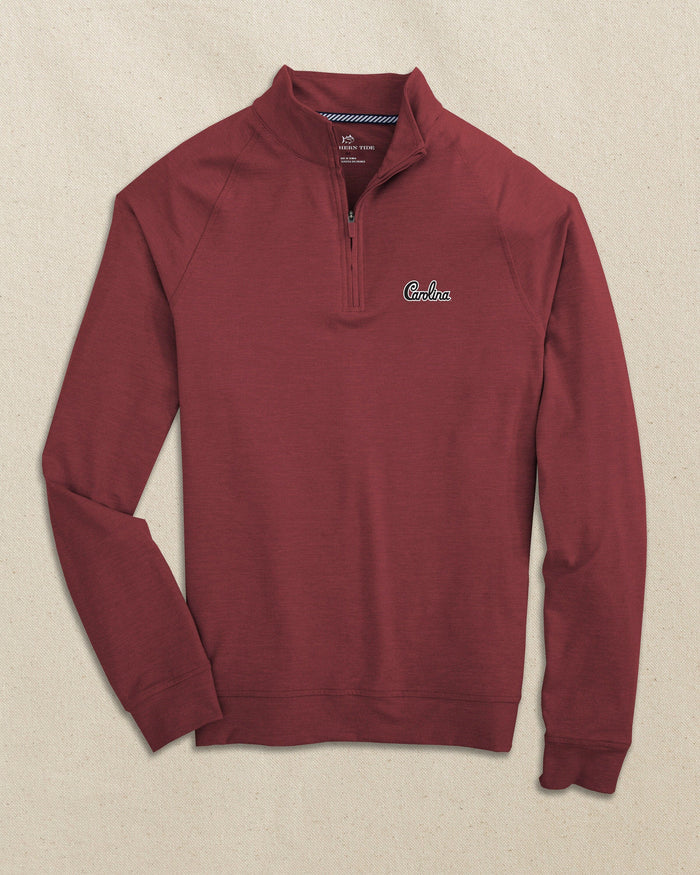 The front view of the Southern Tide USC Gamecocks Carolina Script Cruiser Quarter Zip by Southern Tide - Heather Chianti
