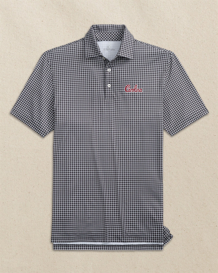 The front view of the Southern Tide USC Gamecocks Carolina Script Driver Dunes Edge Plaid Polo by Southern Tide - Black
