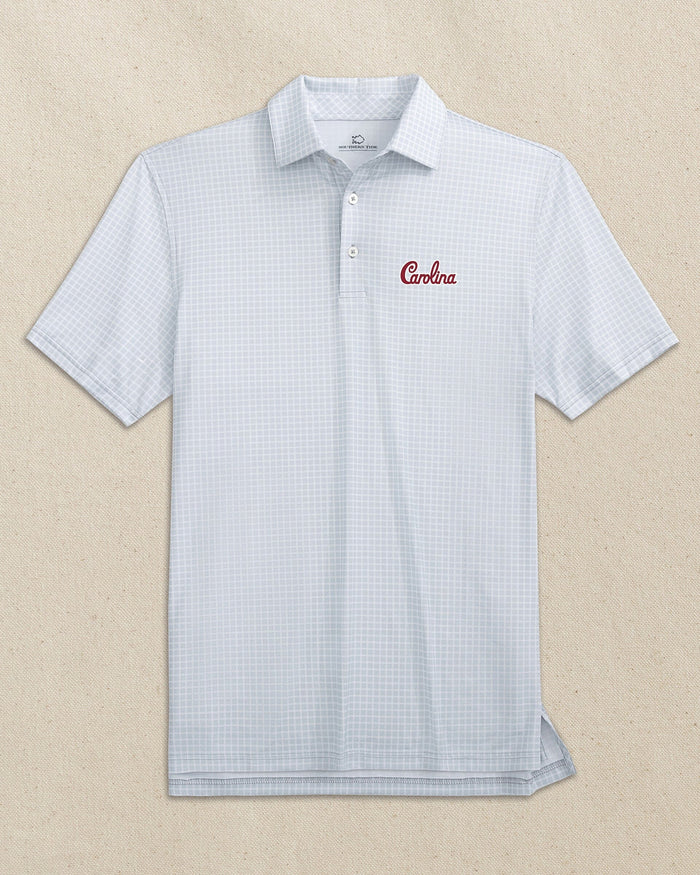 The front view of the Southern Tide USC Gamecocks Carolina Script Driver Dunes Edge Plaid Polo by Southern Tide - Slate Grey