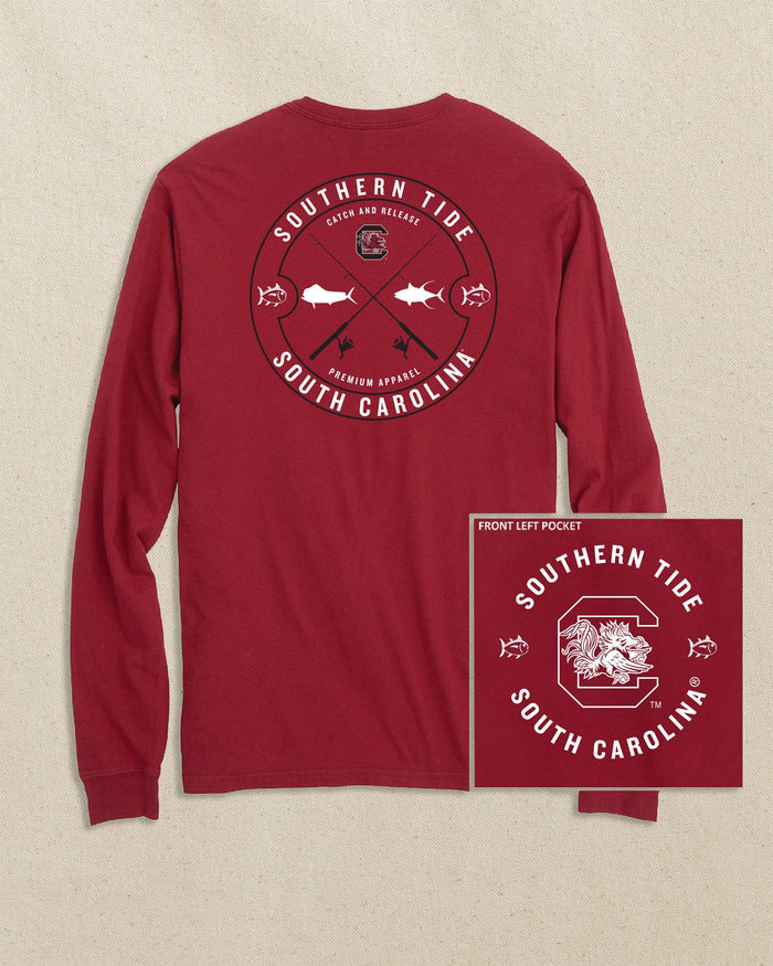 The front view of the Southern Tide USC Gamecocks Catch and Release Long Sleeve T-Shirt by Southern Tide - Crimson