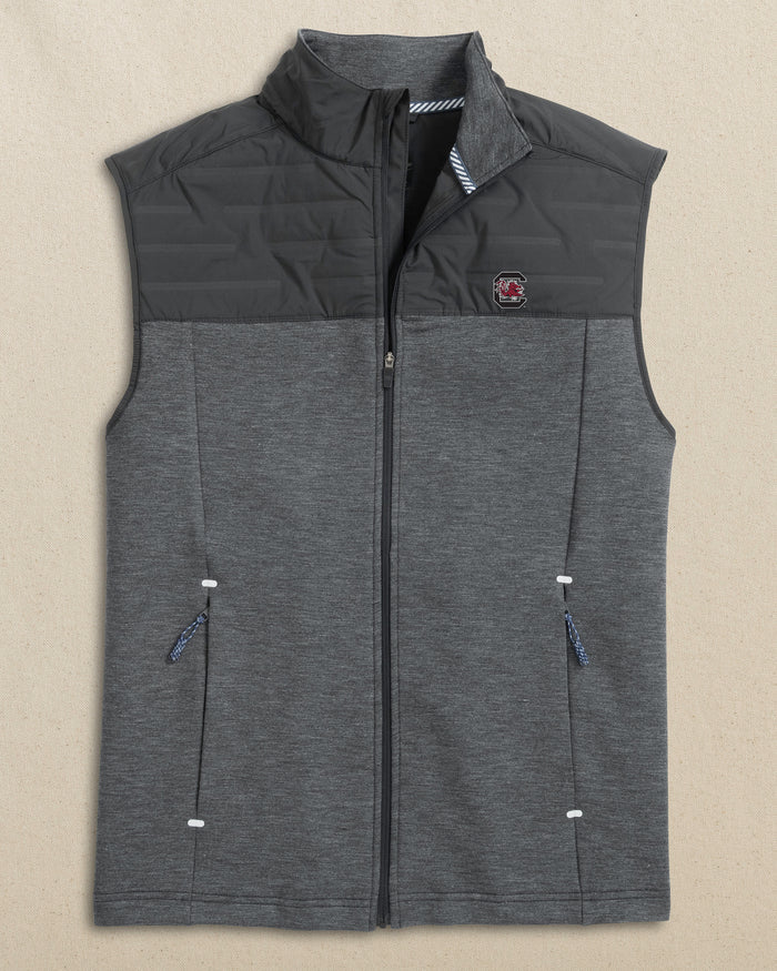 The front view of the Southern Tide USC Gamecocks Coligny Quilted Vest by Southern Tide - Caviar Black