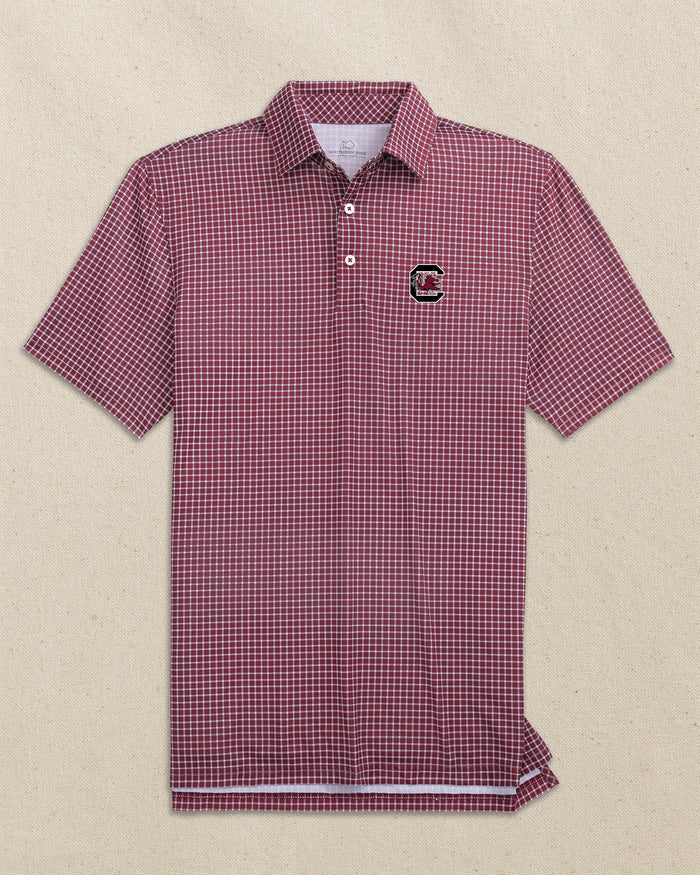 The front view of the Southern Tide USC Gamecocks Driver Dunes Edge Plaid Polo by Southern Tide - Chianti