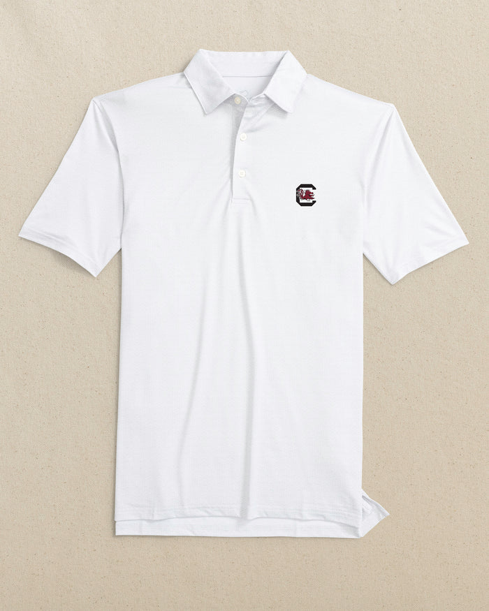 The front view of the Southern Tide USC Gamecocks Driver ST Geo Printed Polo by Southern Tide - Classic White