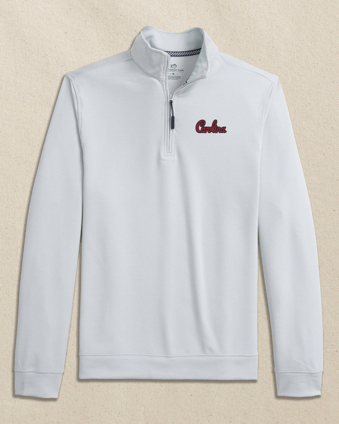 The front view of the Southern Tide USC Gamecocks Schooner Quarter Zip Carolina Script by Southern Tide - Slate Grey