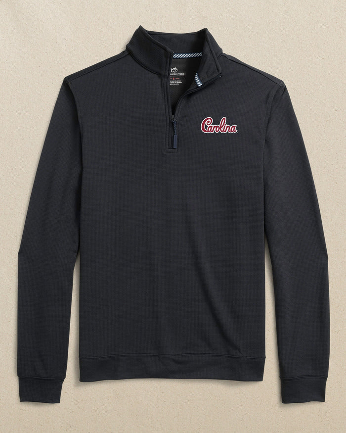 The front view of the Southern Tide USC Gamecocks Schooner Quarter Zip Carolina Script by Southern Tide - Caviar Black