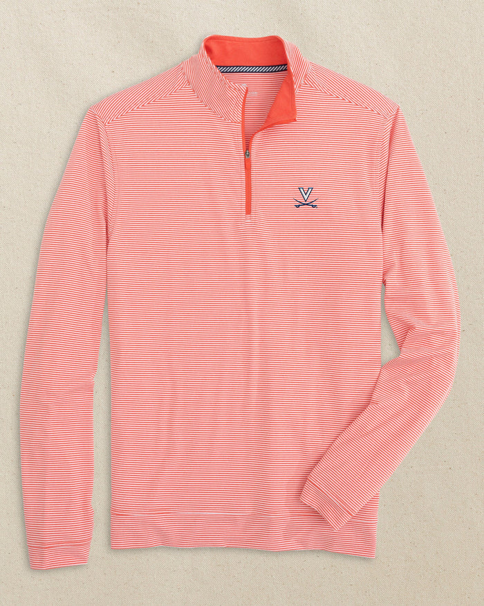 The front view of the Southern Tide UVA Cavaliers Cruiser Micro-Stripe Heather Quarter Zip by Southern Tide - Heather Endzone Orange