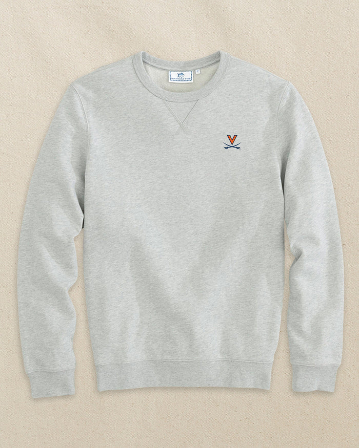 The front view of the Southern Tide UVA Cavaliers Upper Deck Pullover Sweatshirt by Southern Tide - Heather Slate Grey
