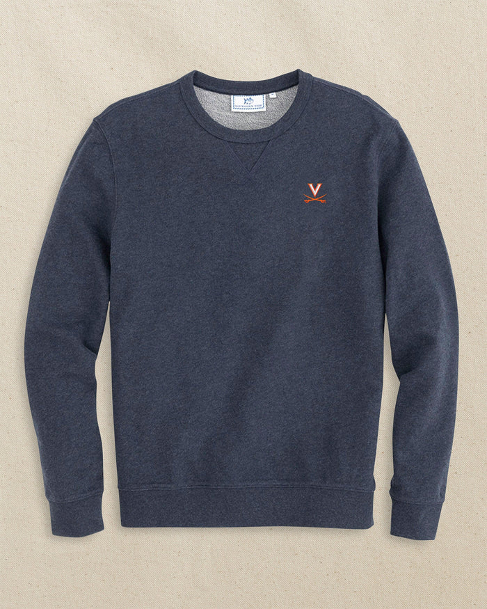 The front view of the Southern Tide UVA Cavaliers Upper Deck Pullover Sweatshirt by Southern Tide - Heather Navy