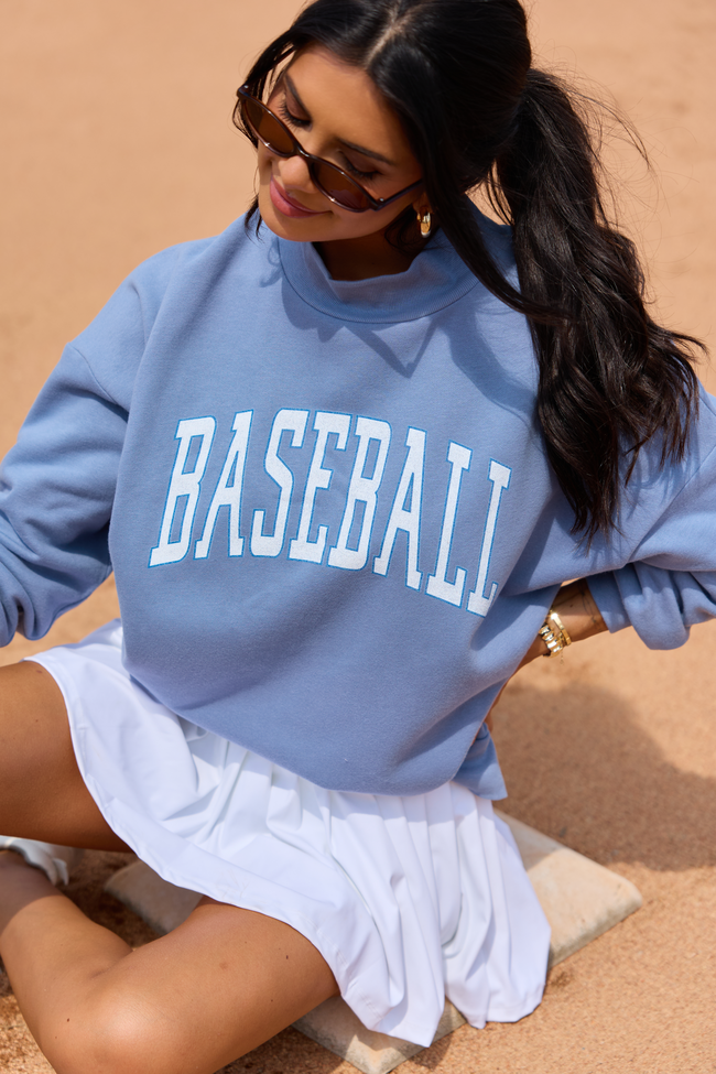 Varsity Baseball Storm Blue Graphic Mock Neck Sweatshirt