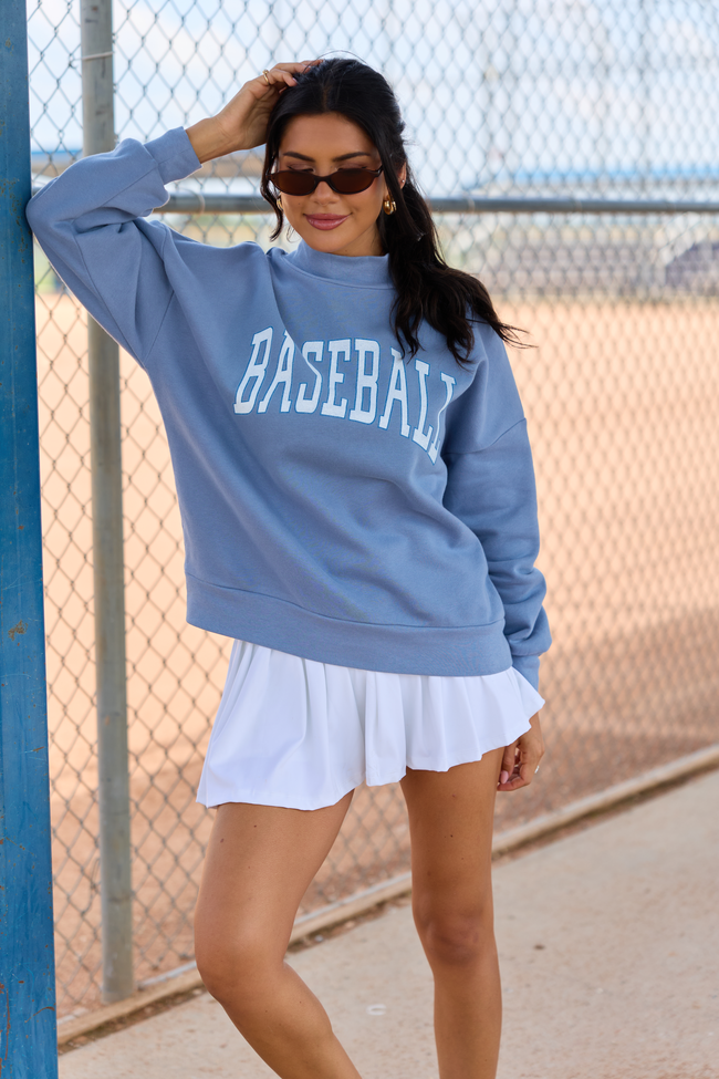 Varsity Baseball Storm Blue Graphic Mock Neck Sweatshirt