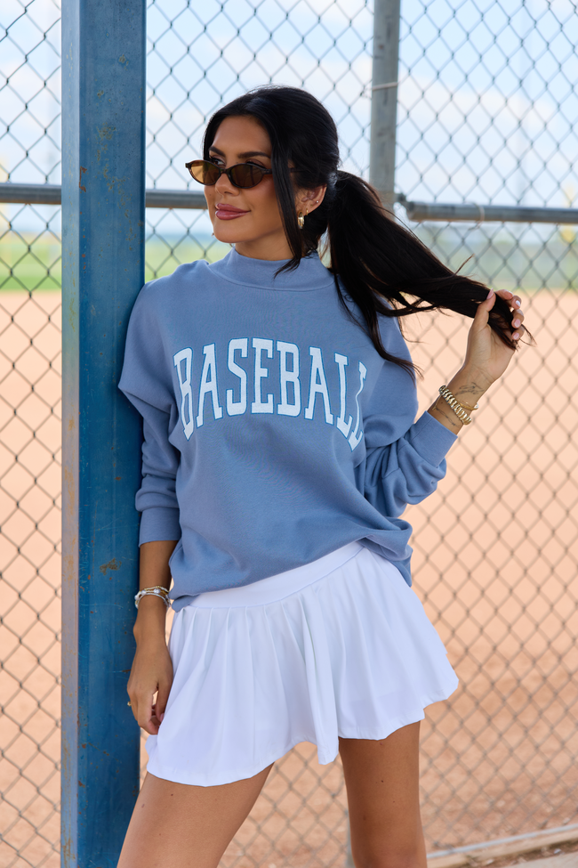 Varsity Baseball Storm Blue Graphic Mock Neck Sweatshirt