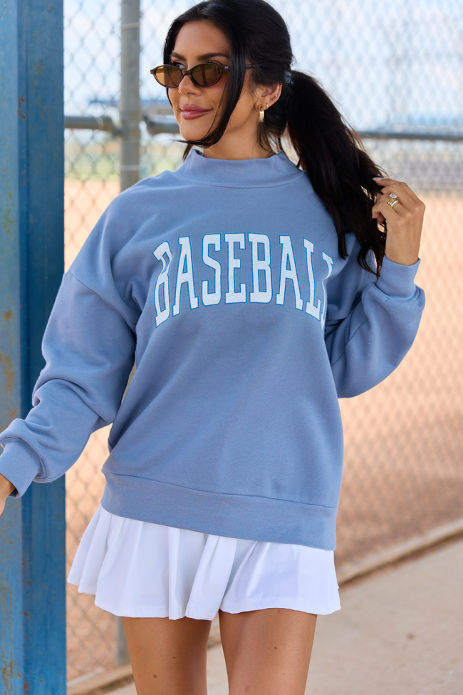 Varsity Baseball Storm Blue Graphic Mock Neck Sweatshirt