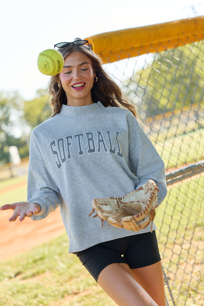 Varsity Softball Light Grey Mock Neck Graphic Sweatshirt