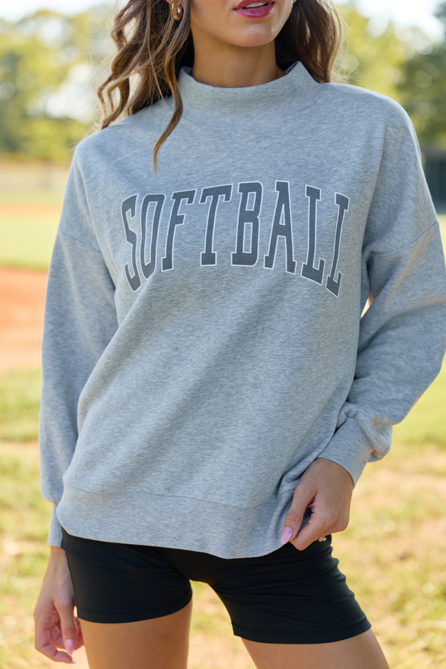Varsity Softball Light Grey Mock Neck Graphic Sweatshirt