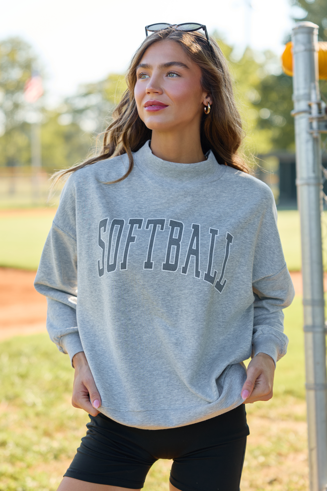 Varsity Softball Light Grey Mock Neck Graphic Sweatshirt