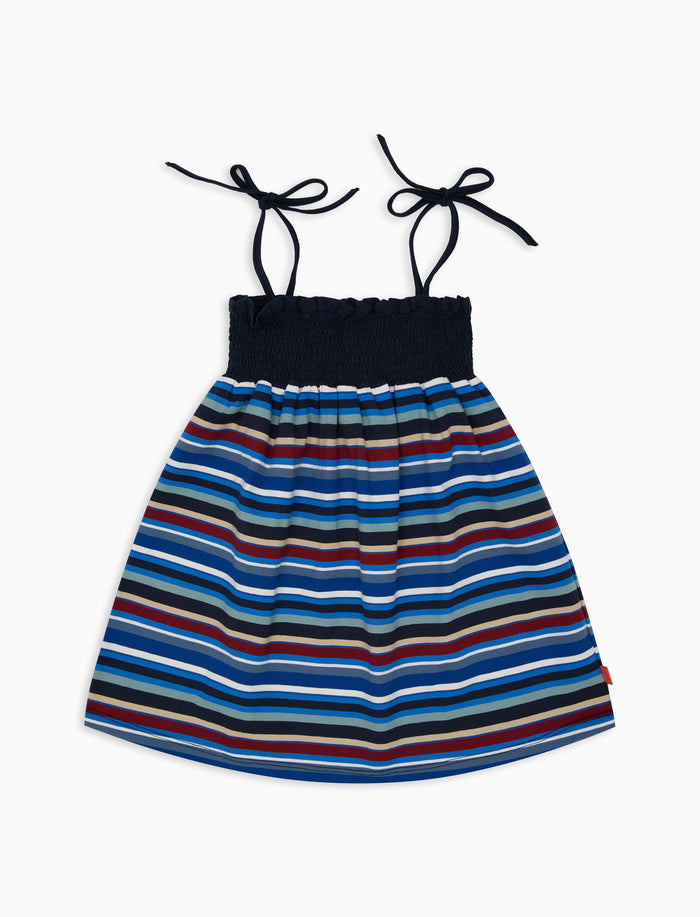 Vestito spalline annodate bambina cotone blu royal righe multicolor - Gallo 1927 - Official Online Shop