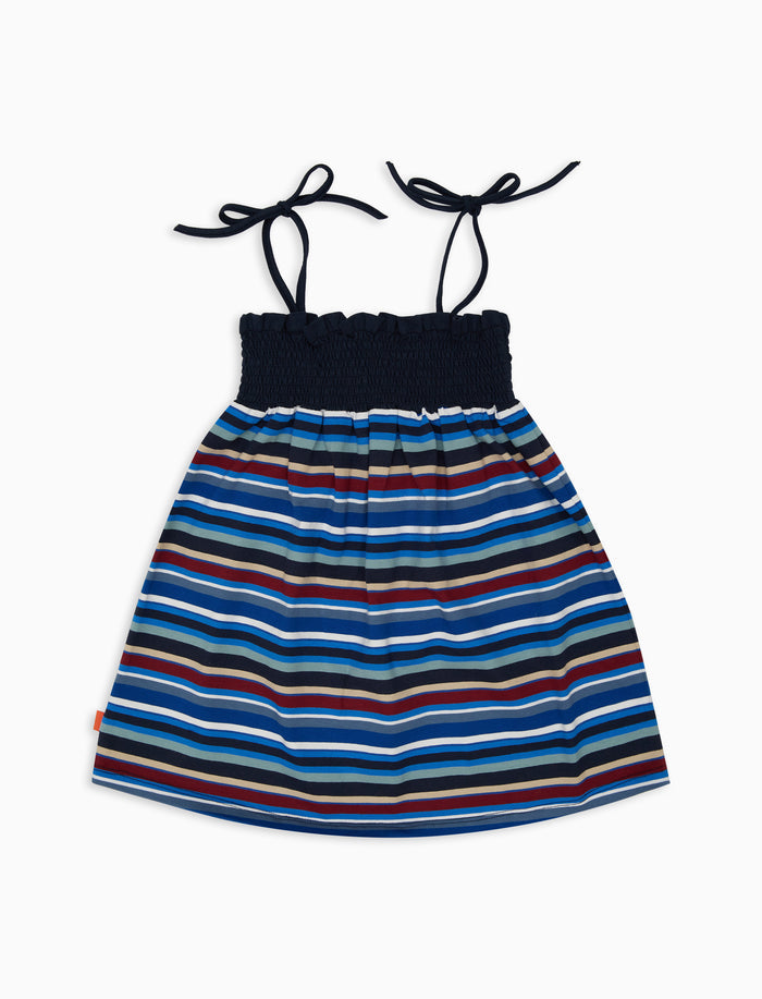 Vestito spalline annodate bambina cotone blu royal righe multicolor - Gallo 1927 - Official Online Shop