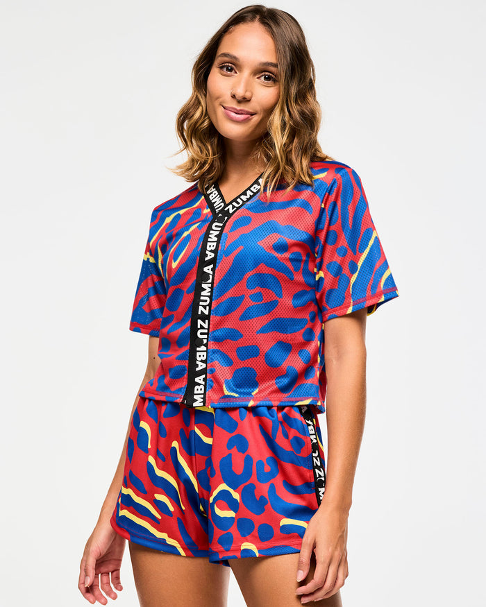 Red/Blue # Victory Cropped Mesh Baseball Top