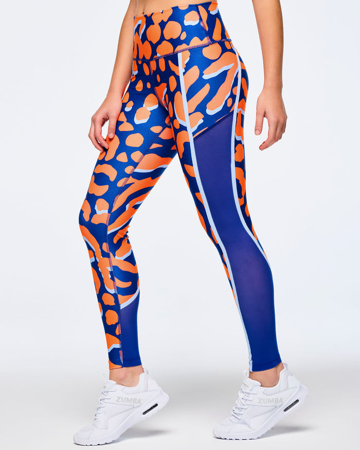 Orange/Blue # Victory High Waisted Ankle Leggings With Side Inserts
