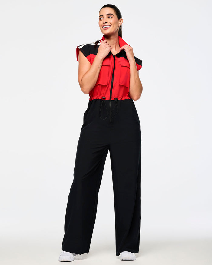 Bold Black # Victory Sleeveless Woven Jumpsuit