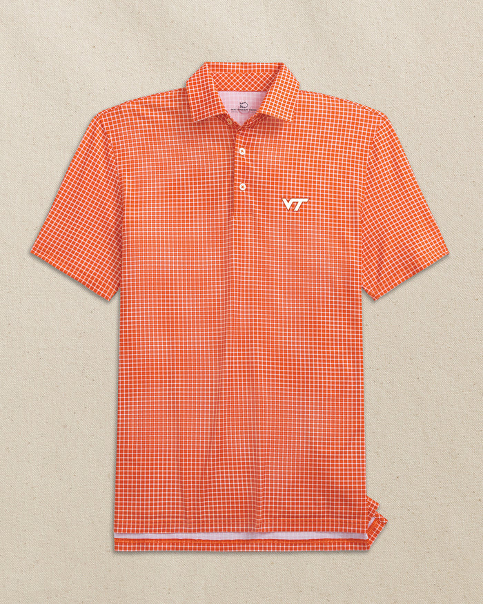 The front view of the Southern Tide Virginia Tech Hokies Driver Dunes Edge Plaid Polo by Southern Tide - Endzone Orange