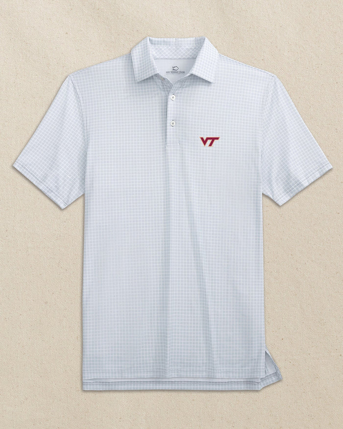 The front view of the Southern Tide Virginia Tech Hokies Driver Dunes Edge Plaid Polo by Southern Tide - Slate Grey