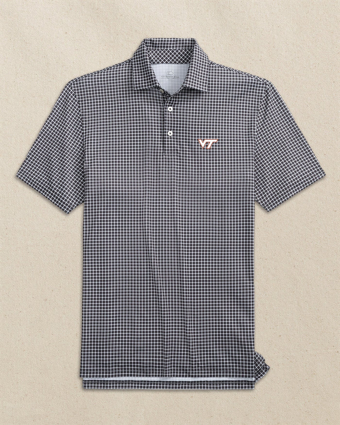 The front view of the Southern Tide Virginia Tech Hokies Driver Dunes Edge Plaid Polo by Southern Tide - Black