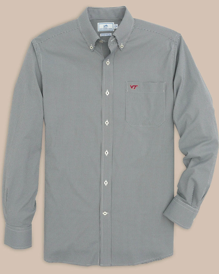 The front view of the Southern Tide Virginia Tech Hokies Gingham Button Down Shirt by Southern Tide - Black