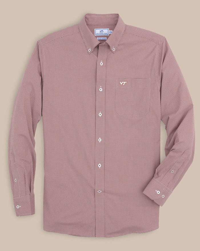 The front view of the Southern Tide Virginia Tech Hokies Gingham Button Down Shirt by Southern Tide - Chianti