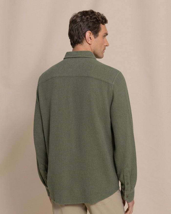 The back view of the Southern Tide Waffle Weave Heather Sport Shirt by Southern Tide - Heather Cedar Green
