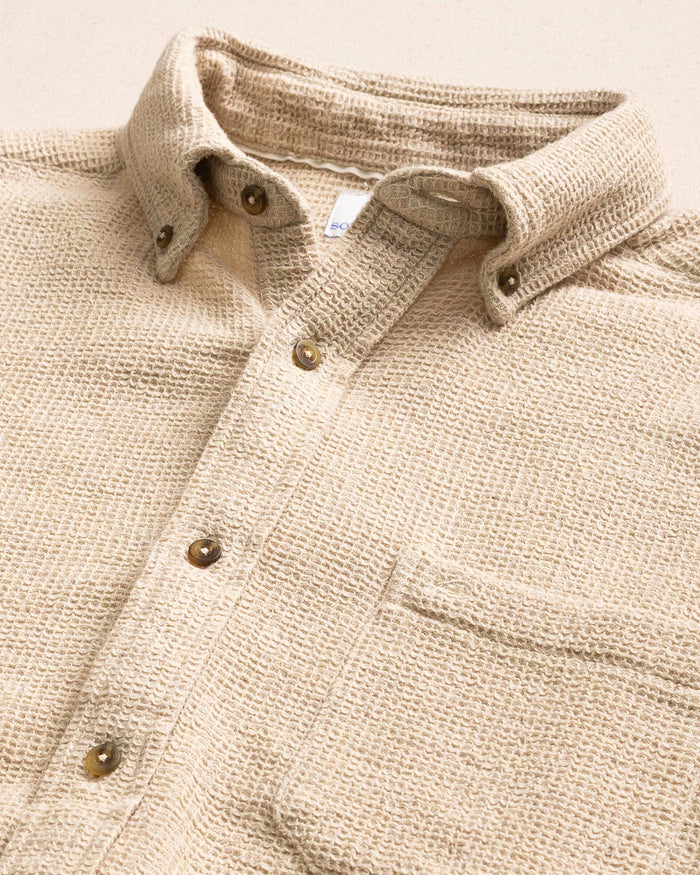 The detail view of the Southern Tide Waffle Weave Heather Sport Shirt by Southern Tide - Heather Sand Dunes