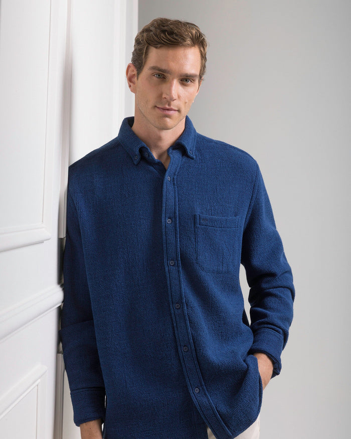 The front view of the Southern Tide Waffle Weave Sport Shirt by Southern Tide - Dark Blue