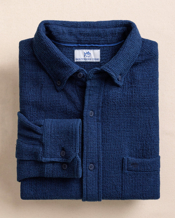 The front view of the Southern Tide Waffle Weave Sport Shirt by Southern Tide - Dark Blue