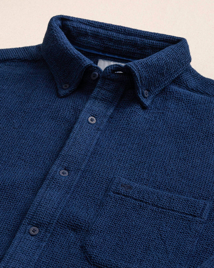 The detail view of the Southern Tide Waffle Weave Sport Shirt by Southern Tide - Dark Blue