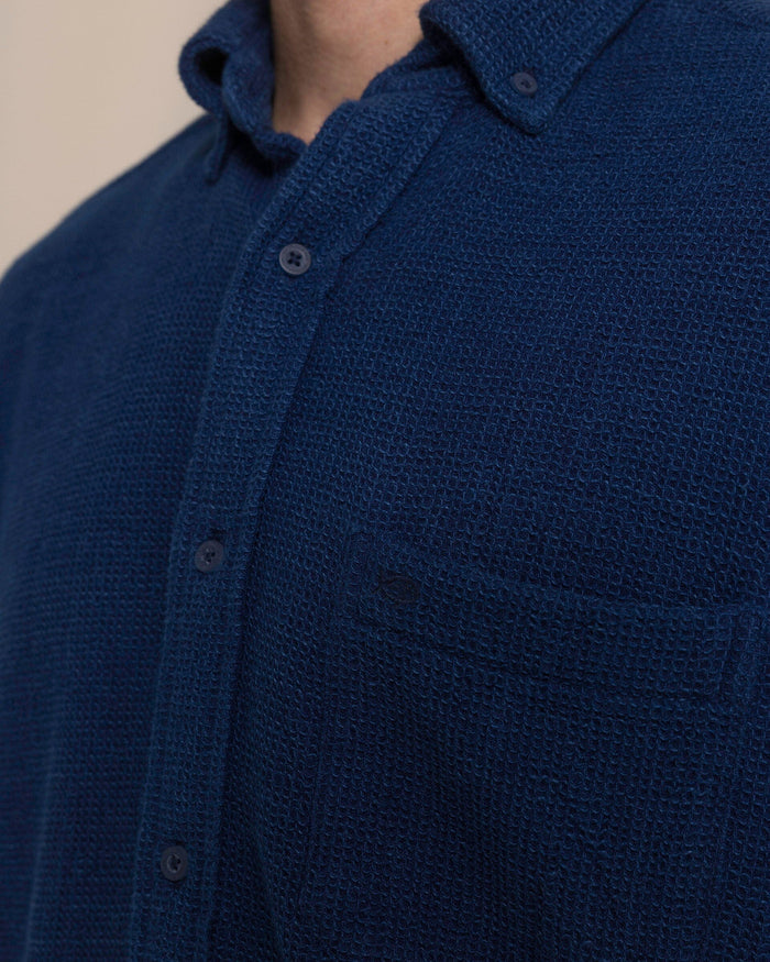The detail view of the Southern Tide Waffle Weave Sport Shirt by Southern Tide - Dark Blue