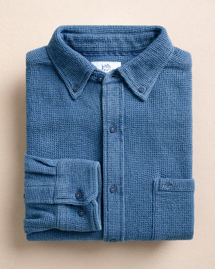 The front view of the Southern Tide Waffle Weave Sport Shirt by Southern Tide - Light Blue