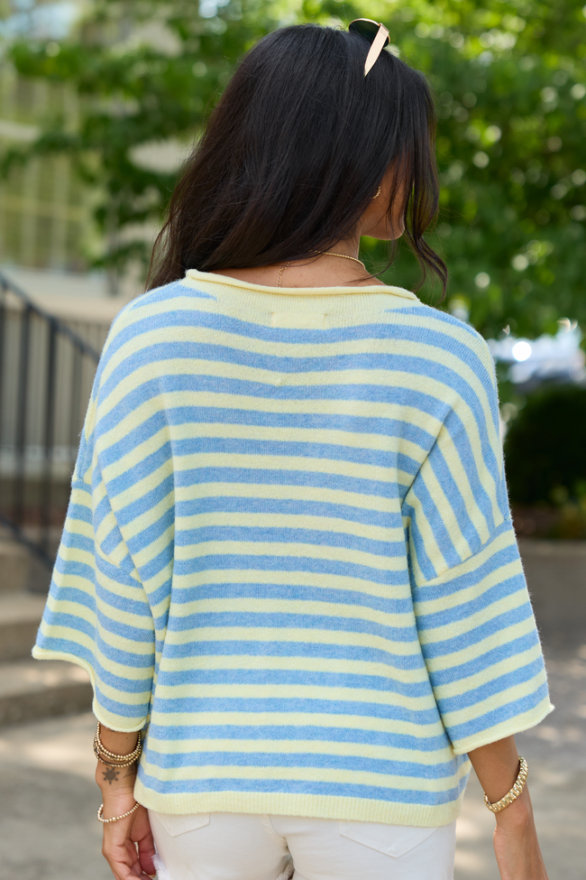 Warm Horizon Blue and Yellow Striped Short Sleeve Cardigan