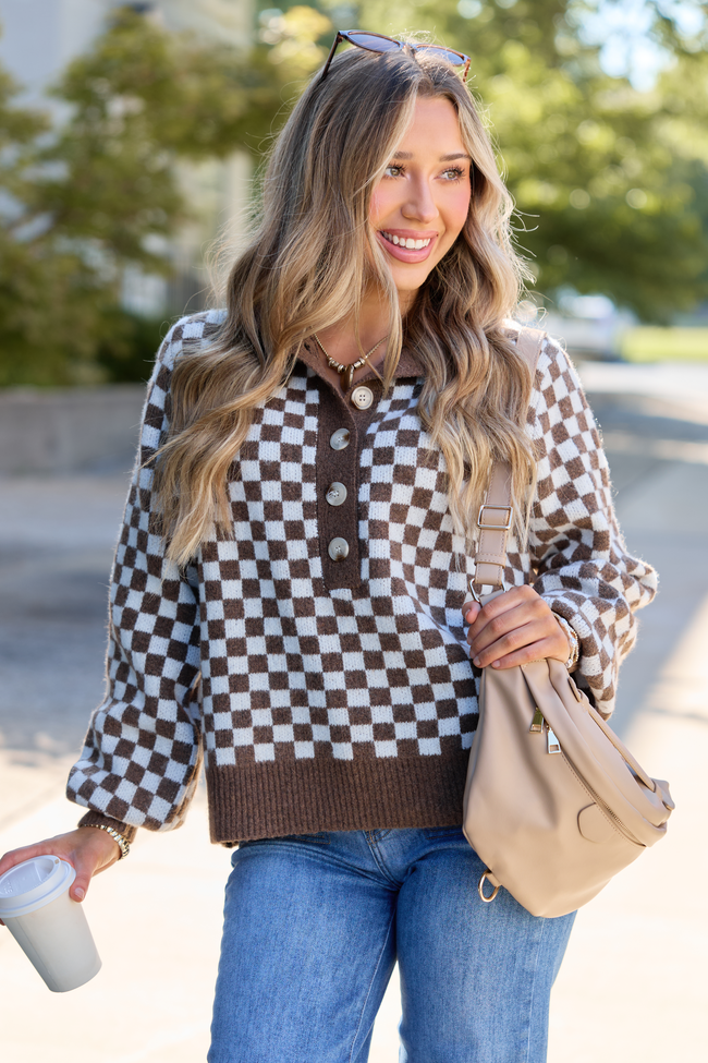 Well Worth It Checkered Mock Neck Button Sweater Brown/White