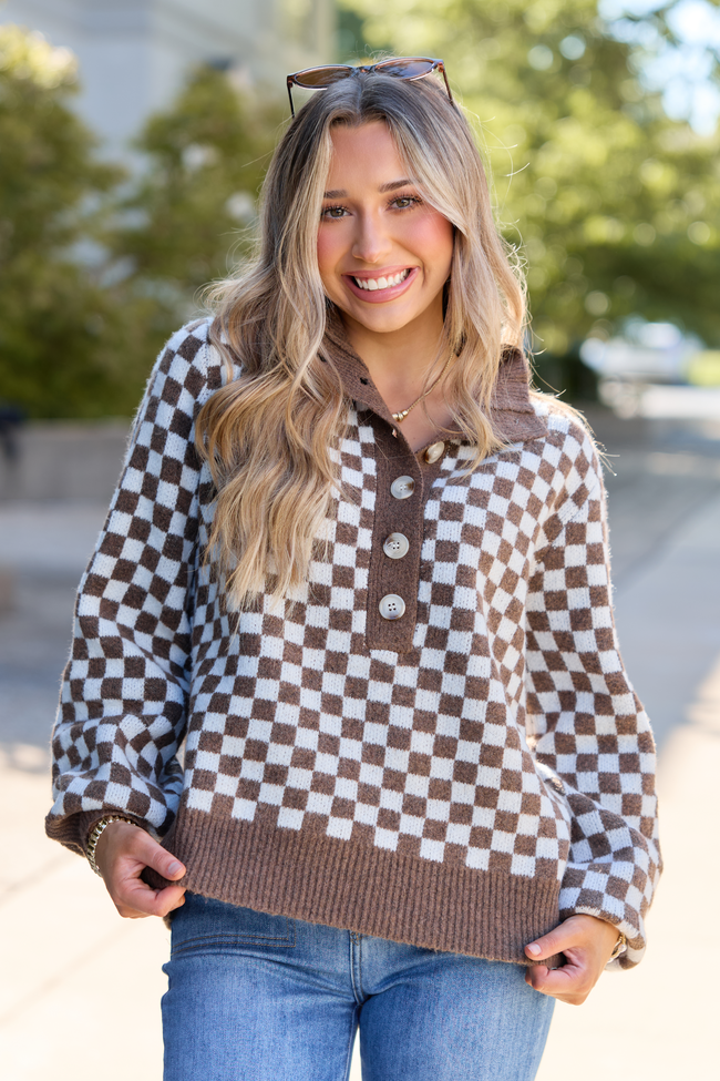 Well Worth It Checkered Mock Neck Button Sweater Brown/White