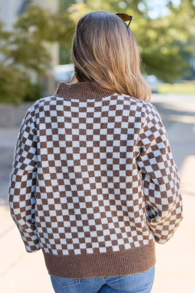 Well Worth It Checkered Mock Neck Button Sweater Brown/White