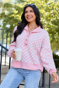 Well Worth It Checkered Mock Neck Button Sweater Pink/White