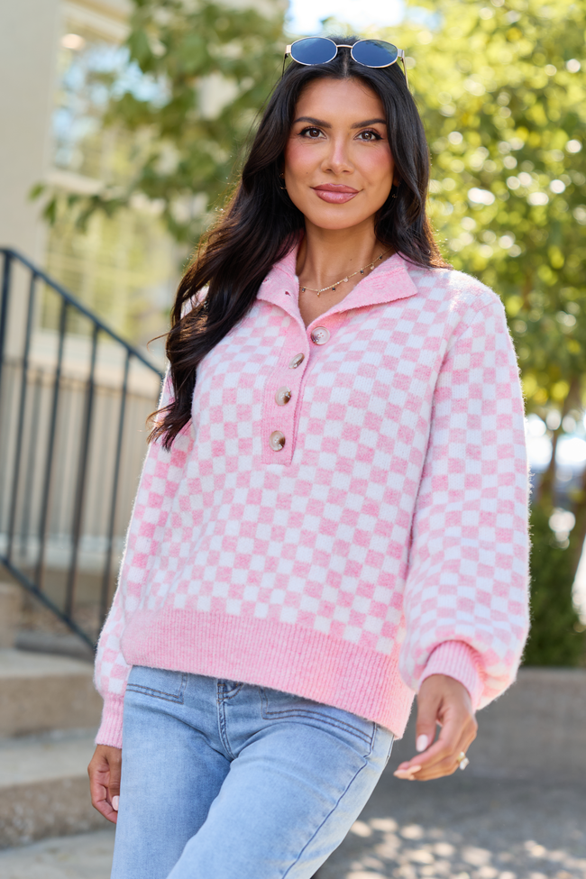 Well Worth It Checkered Mock Neck Button Sweater Pink/White