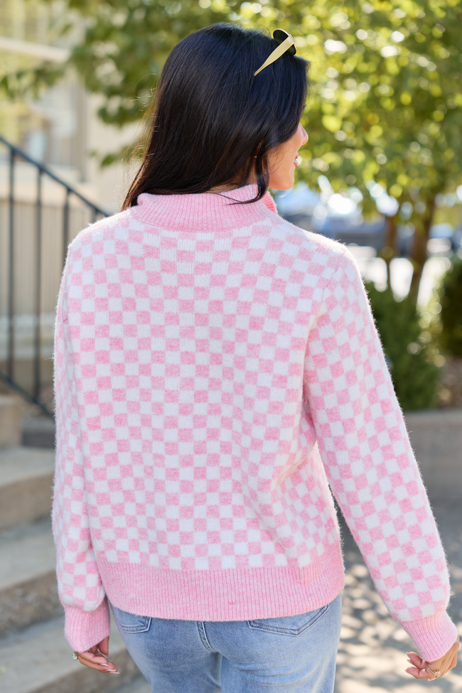 Well Worth It Checkered Mock Neck Button Sweater Pink/White