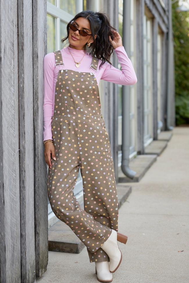 Wildflower Way Brown Floral Straight-Leg Overalls