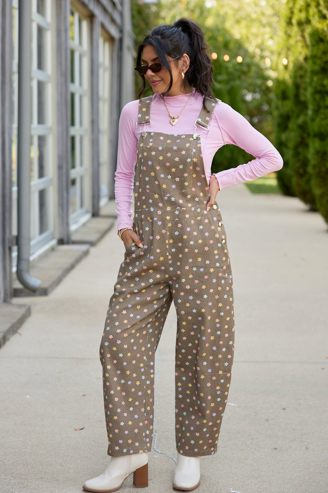 Wildflower Way Brown Floral Straight-Leg Overalls