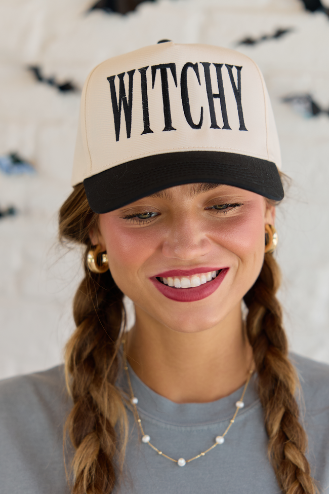 Witchy Natural/Black Embroidered Trucker Hat