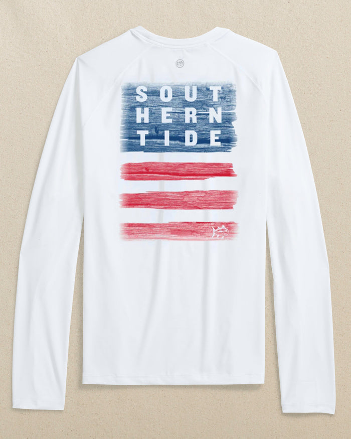 The back view of the Southern Tide Wooden Flag brrr°®-illiant Long Sleeve Performance T-Shirt by Southern Tide - Classic White