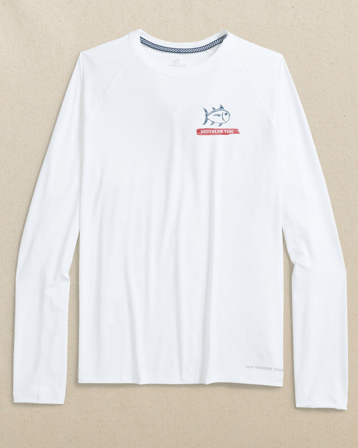 The front view of the Southern Tide Wooden Flag brrr°®-illiant Long Sleeve Performance T-Shirt by Southern Tide - Classic White