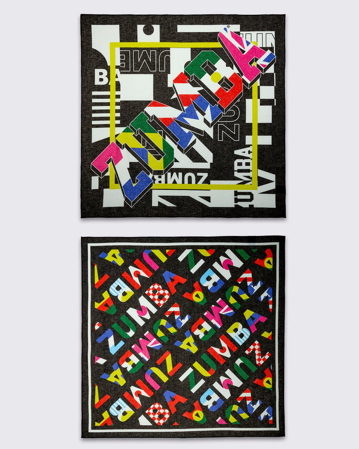 Two colorful patterned bandanas with abstract designs.